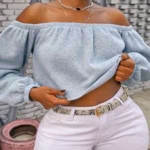 SXY Dew Shoulders Crop Elastic Trim Grey Sweatshirt